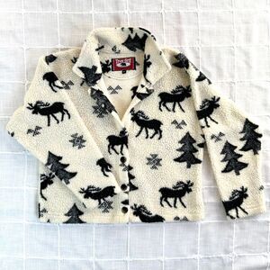 Vintage True Grit Women's M Faux Fleece Coat Jacket White Moose Button-up USA